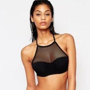 DOLCE VITA Bikini Top Fishnet Mesh High Neck Black